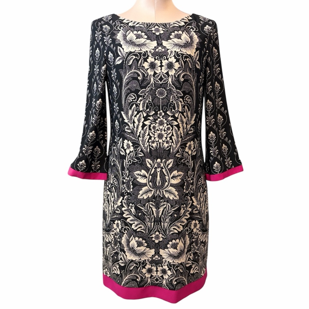 Eliza J Black & White Floral Shift Dress Pink Trim Size 6
Stretch Mod Style